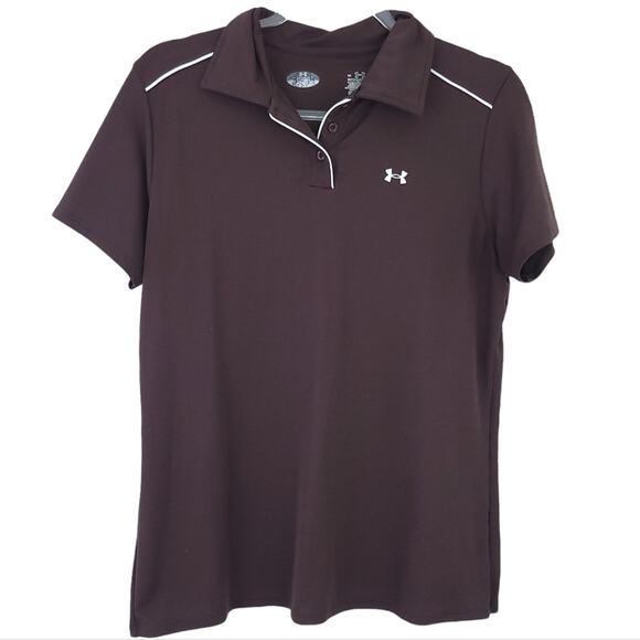 Under Armour Polo Shirt Large Women Brown Collared Short Sleeve Golf Athleisure - Picture 1 of 4